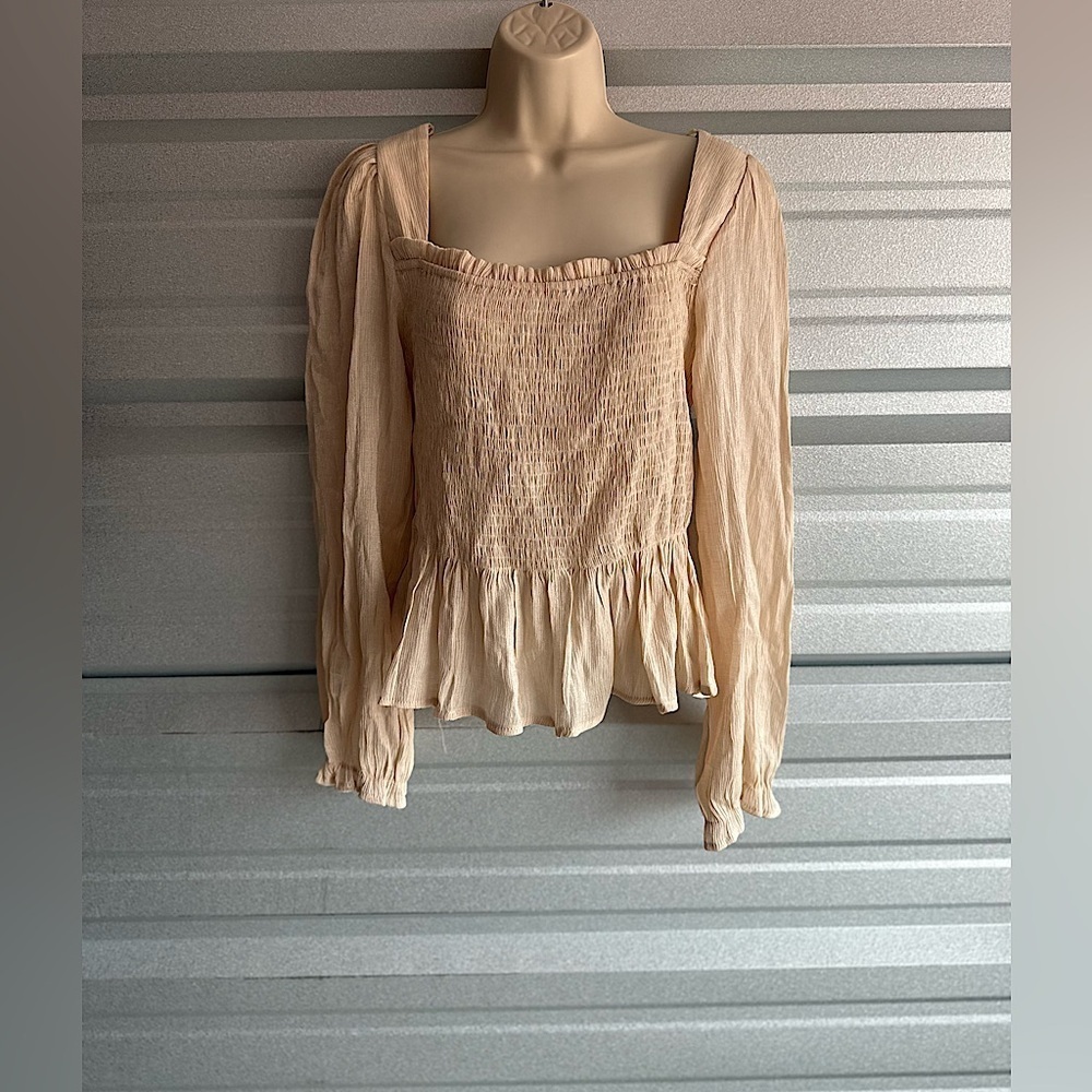 MINE Smocked Long Sleeve Blouse Ruffle Bottom Cross Cross Back Size Large